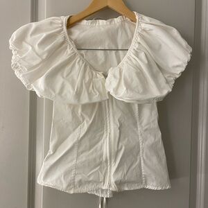 Anne Fontaine White Ruffle Shoulder Zip-Up Blouse with corset back